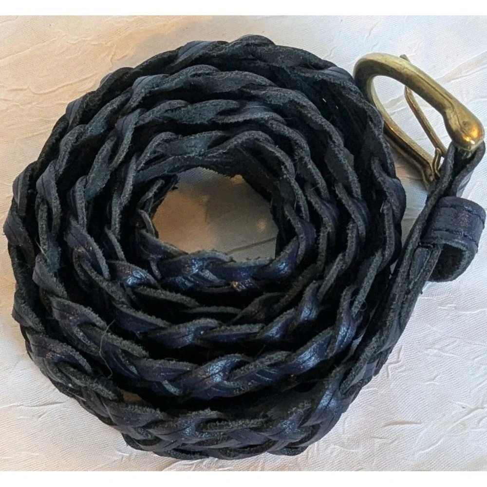 Capezio Leather Belt Braided Navy Woven Blue Womens Argentina Genuine Sz XL Vtg